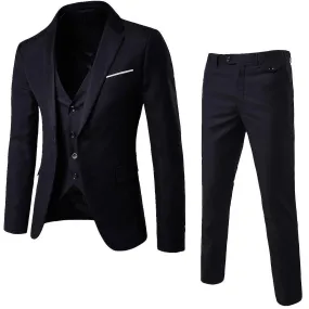 3pcs Men's Slim Fit Suit Set One Button Solid Jacket Vest Pants Business Set