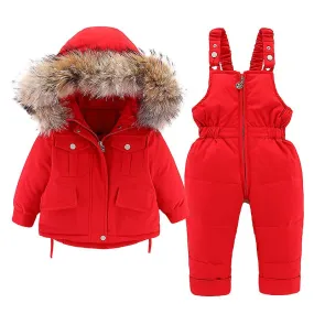 Boys Girls Snowsuit, Winter Outfit Sets Kids Hooded Fur Down Jacket