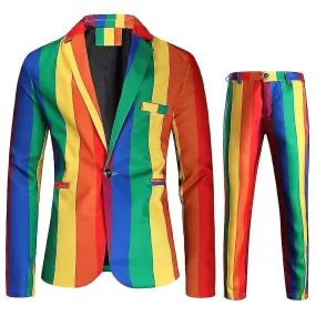 Men's Striped Rainbow Color Combination One Button Two-piece Suit Jacket Pants Suit