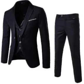 Men"s 3 Piece Fit Suit Set One Button Solid Jacket Vest Pants Business Set V_y Xinmu
